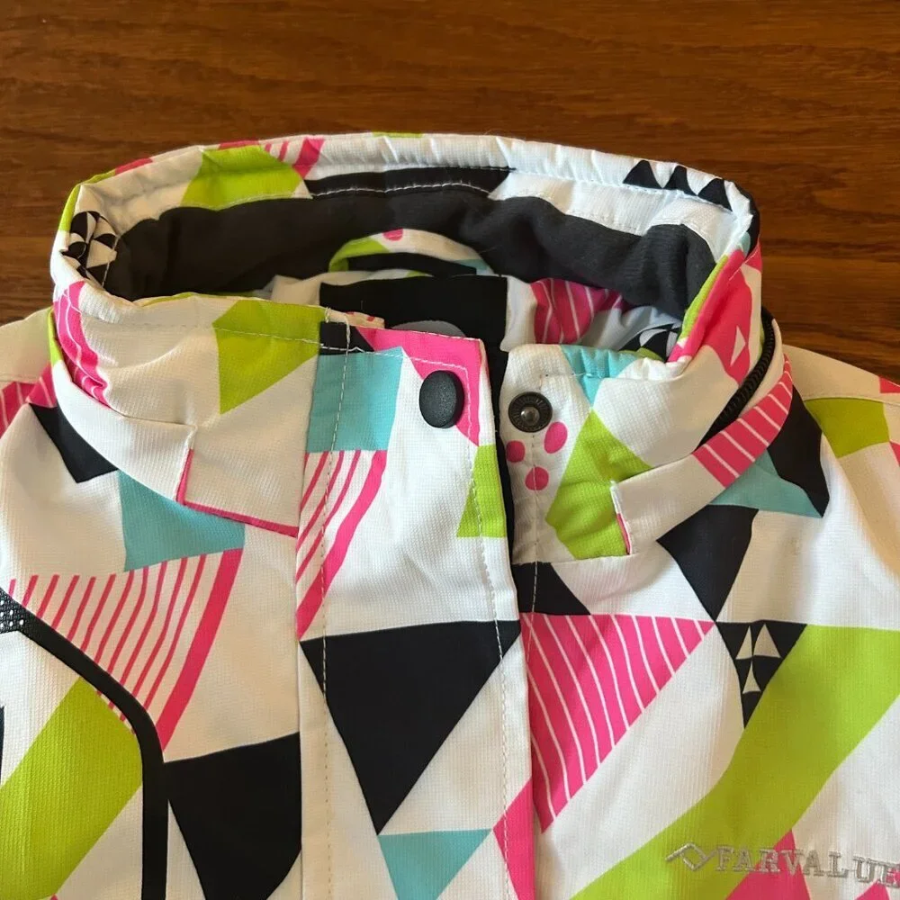 Girl's Waterproof Ski Jacket Size Small Colorful Geometric Size 8 High Neck Snow